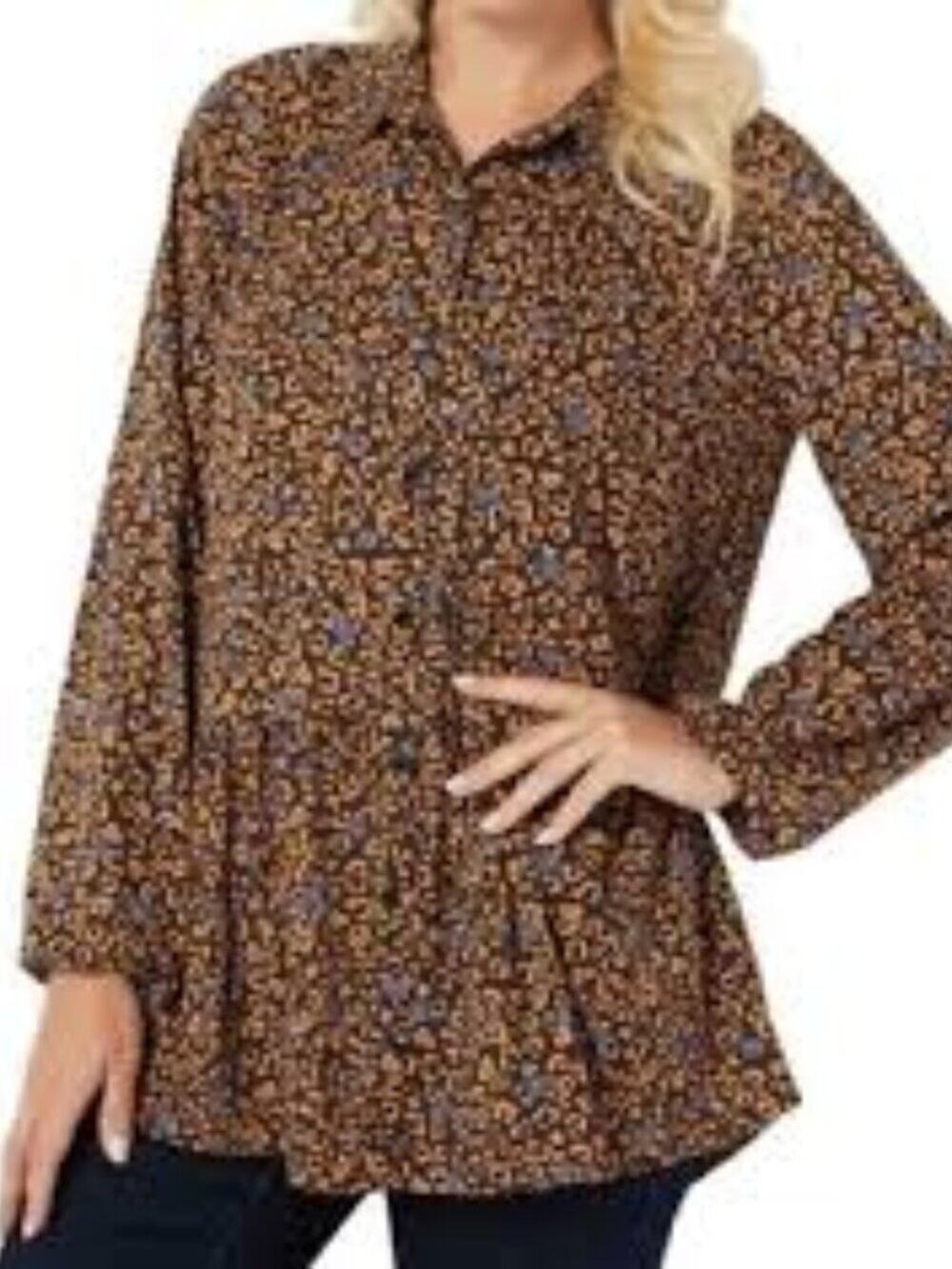 Logo Lori Goldstein Brown Blue Floral Animal Print Tiered Button Up Top Size L